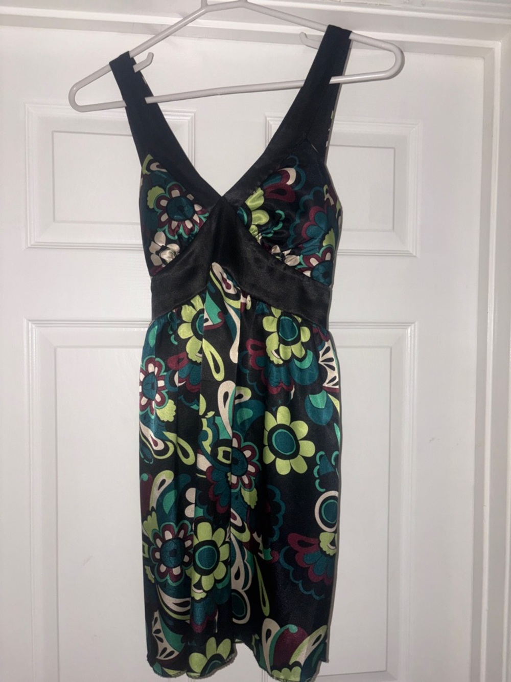 Love Tease Black Floral Empire-Waist Mini Dress with Teal & Lime Accents